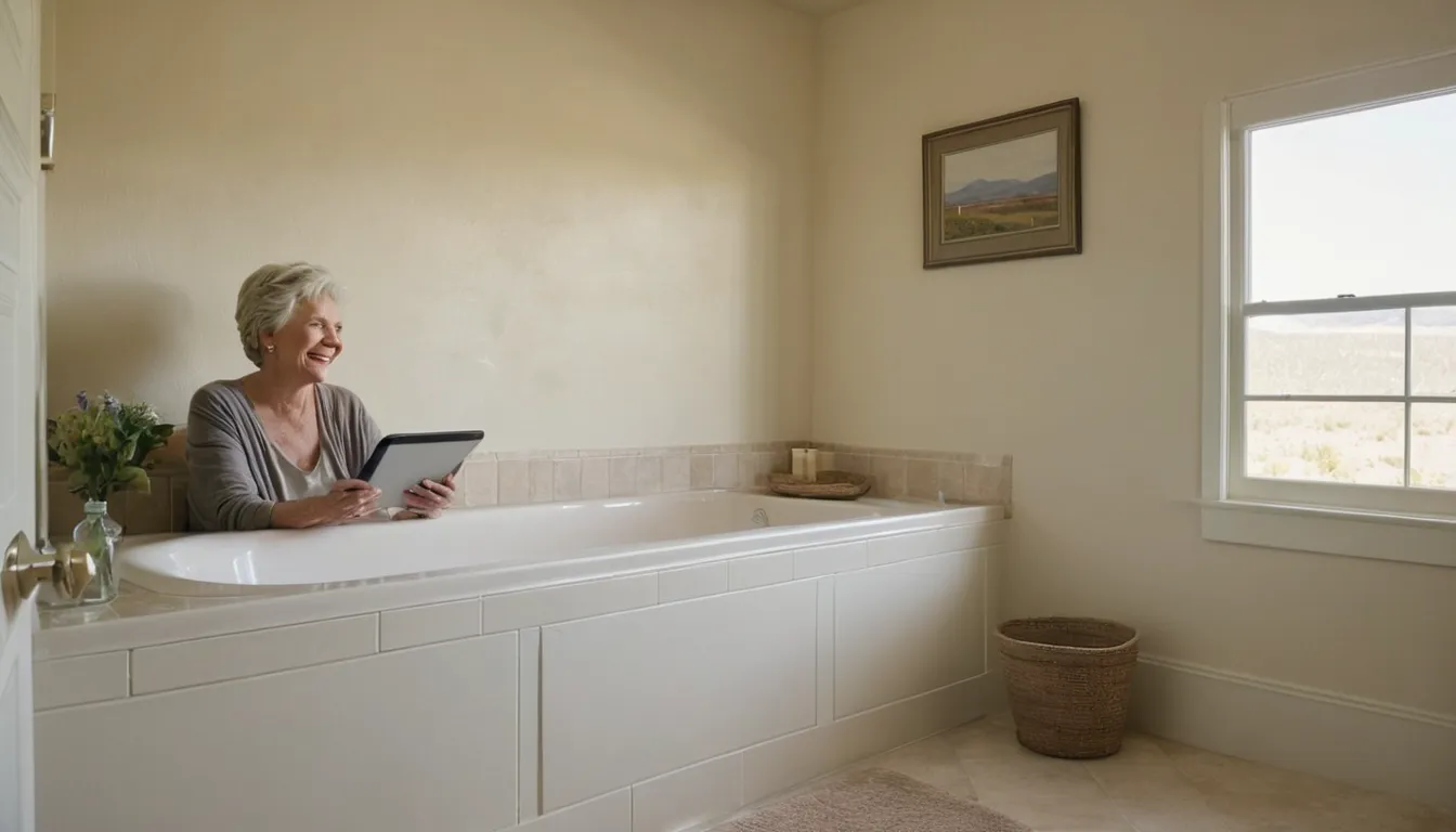 Senior homeowner sitting in a walk-in tub with the door closed in a Fremont home bathroom